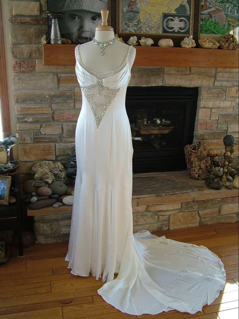 White Mermaid Spaghetti Straps Satin Beaded Without Sleeves Long Prom Dress, Evening Dress