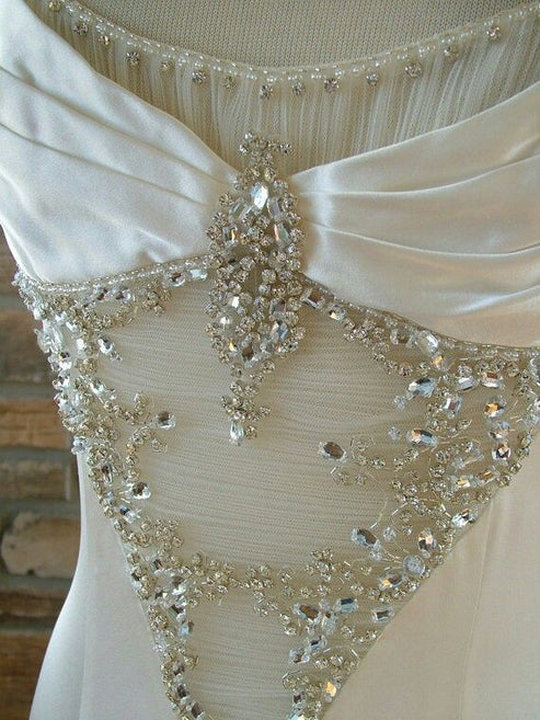 White Mermaid Spaghetti Straps Satin Beaded Without Sleeves Long Prom Dress, Evening Dress