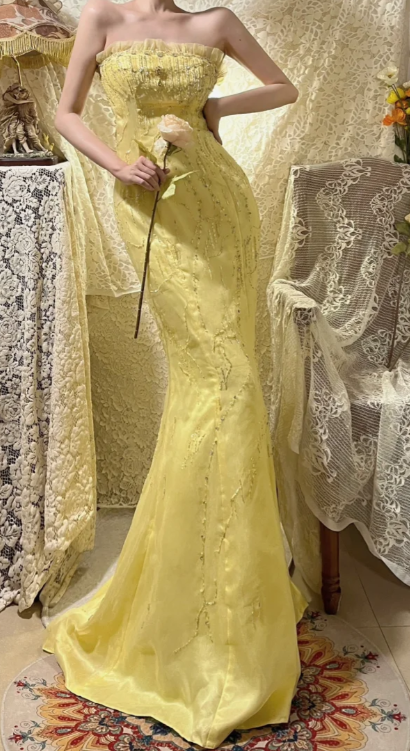 Obsessed Mermaid Strapless Satin Sequin Beaded Without Sleeves Long Prom Dress, Evening Dress
