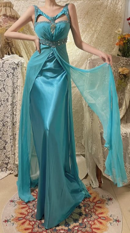 Gorgeous Mermaid Satin Chiffon Sequin Beaded Without Sleeves Long Prom Dress, Evening Dress