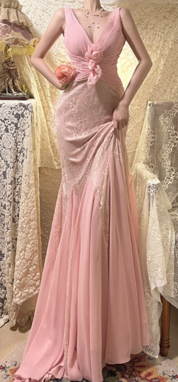 Stunning Pink Mermaid V Neck Chiffon Lace Without Sleeves Long Prom Dress, Evening Dress