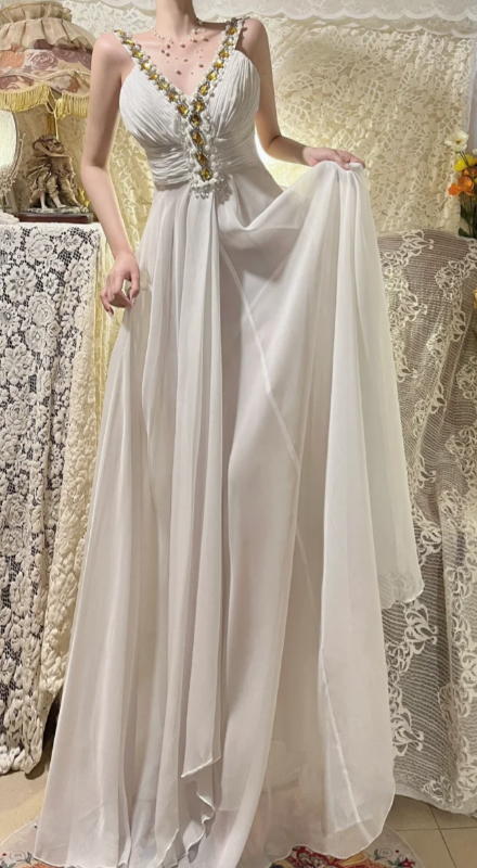 Elegant A Line V Neck Chiffon Beaded Without Sleeves Long Prom Dress, Evening Dress