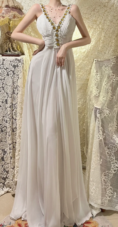 Elegant A Line V Neck Chiffon Beaded Without Sleeves Long Prom Dress, Evening Dress
