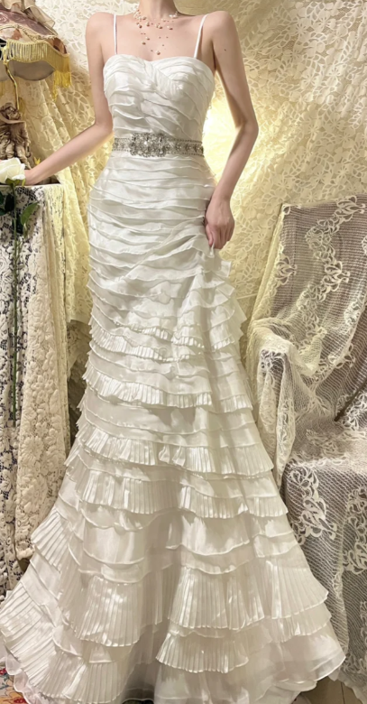 Chic Mermaid Spaghetti Straps Tiered Satin Beaded Without Sleeves Long Prom Dress, Evening Dress