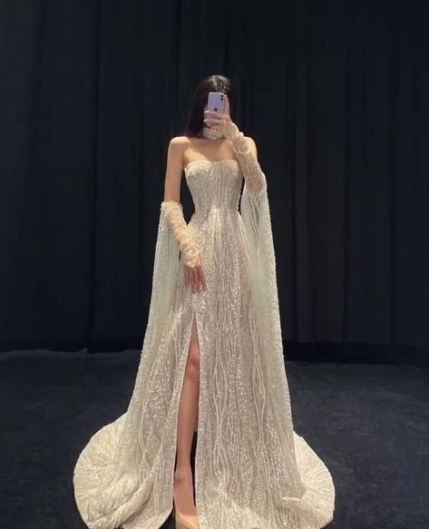 Modest A line Strapless Sequin Slit Long Prom Dress