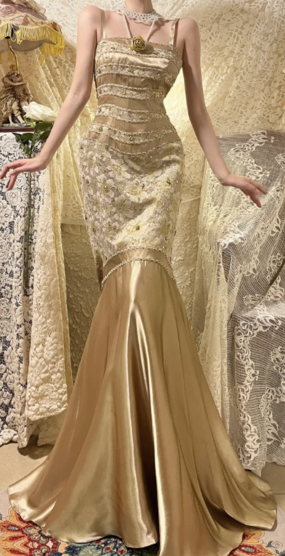 Pretty Gold Mermaid Spaghetti Straps Satin Lace Sequin Without Sleeves Long Prom Dress, Evening Dress