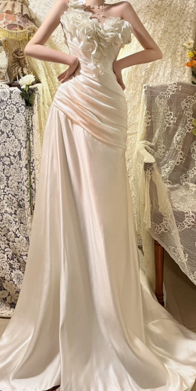 Charming Mermaid One Shoulder Pleated Satin Without Sleeves Long Prom Dress, Evening Dress