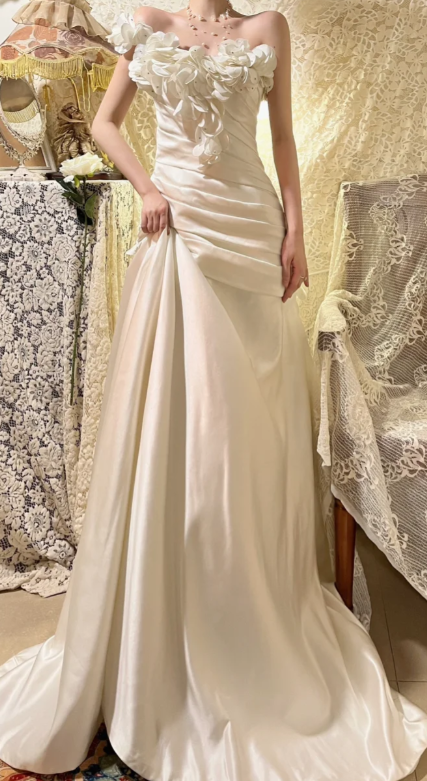 Charming Mermaid One Shoulder Pleated Satin Without Sleeves Long Prom Dress, Evening Dress