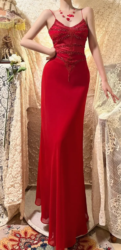 Sexy Red Mermaid Spaghetti Straps Chiffon Sequin Beaded Without Sleeves Long Prom Dress, Evening Dress