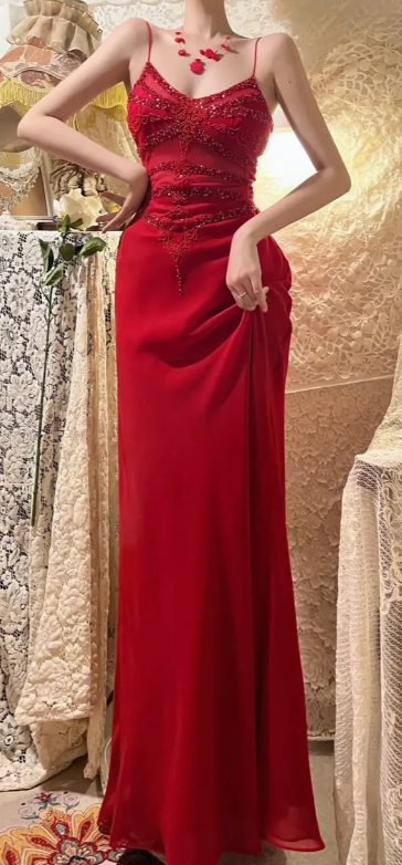 Sexy Red Mermaid Spaghetti Straps Chiffon Sequin Beaded Without Sleeves Long Prom Dress, Evening Dress