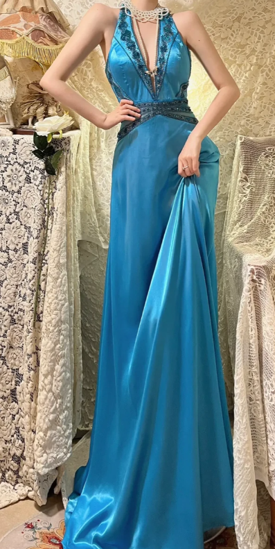 Classy Mermaid Halter V Neck Satin Sequin Beaded Backless Without Sleeves Long Prom Dress, Evening Dress