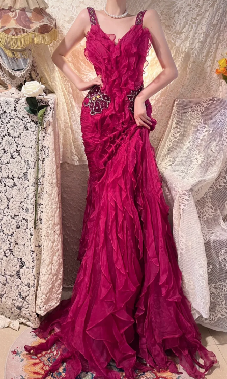 Obsessed Mermaid V Neck Ruffle Chiffon Beaded Without Sleeves Long Prom Dress, Evening Dress