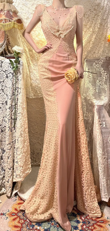 Charming Mermaid V Neck Satin Lace Beaded Without Sleeves Long Prom Dress, Evening Dress