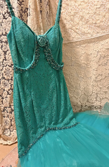 Chic Mermaid Spaghetti Straps Tulle Lace Beaded Without Sleeves Long Prom Dress, Evening Dress