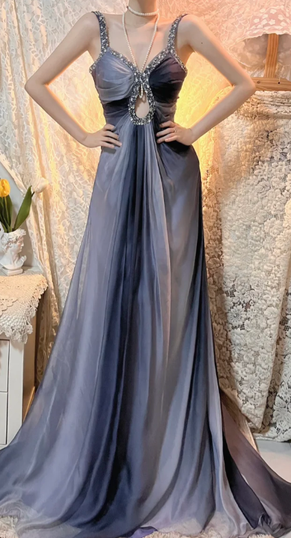 Gradient A Line Spaghetti Straps Chiffon Beaded Without Sleeves Long Prom Dress, Evening Dress