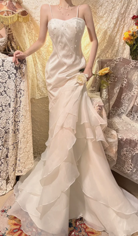 Pretty Mermaid Spaghetti Straps Satin Tiered Chiffon Beaded Without Sleeves Long Prom Dress, Evening Dress