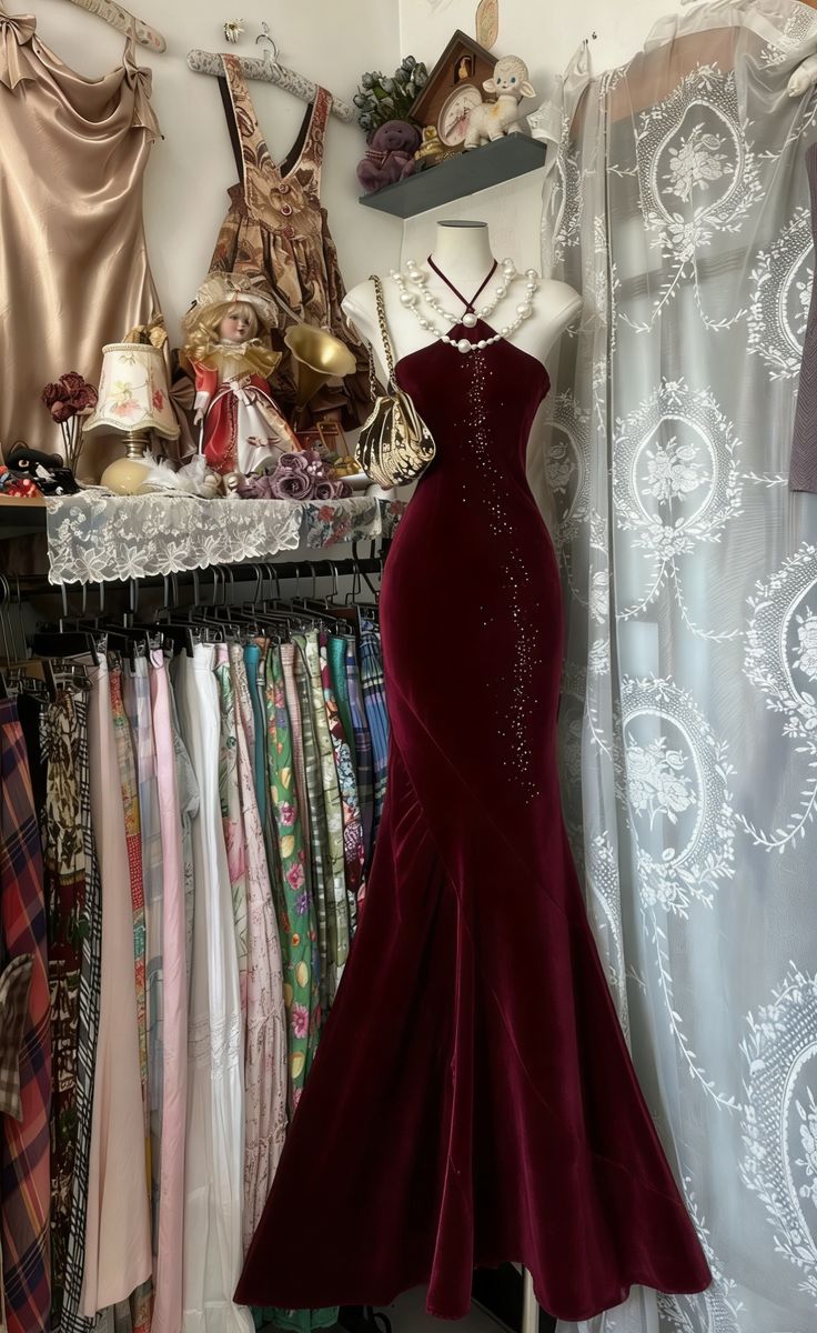 Sexy Mermaid Halter Burgundy Velvet Beads Long Prom Dress, Evening Dress
