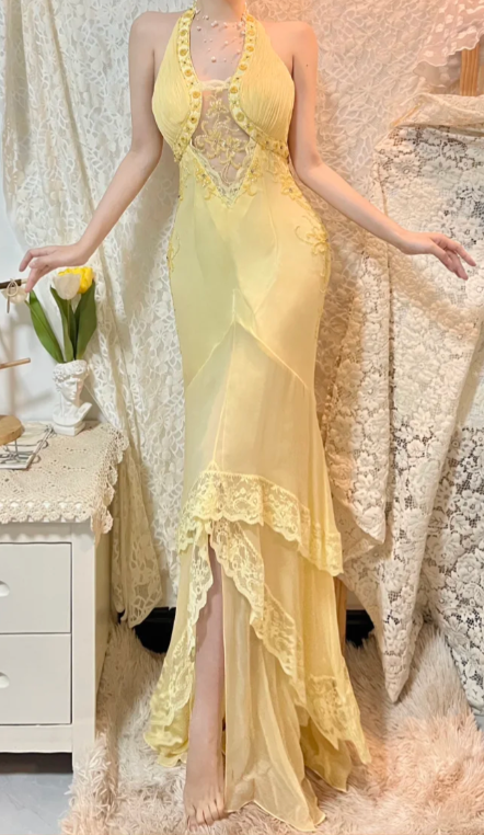 Pretty Pastel Yellow Mermaid Halter Chiffon Lace Long Prom Dress, Evening Dress