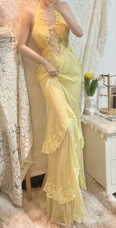 Pretty Pastel Yellow Mermaid Halter Chiffon Lace Long Prom Dress, Evening Dress