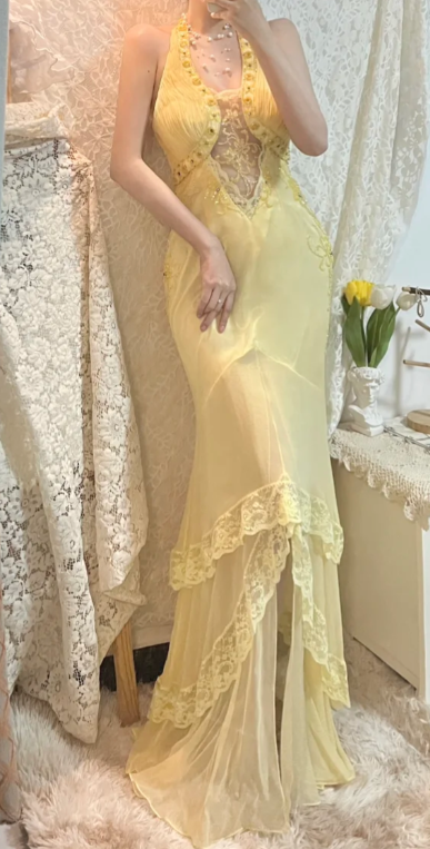 Pretty Pastel Yellow Mermaid Halter Chiffon Lace Long Prom Dress, Evening Dress