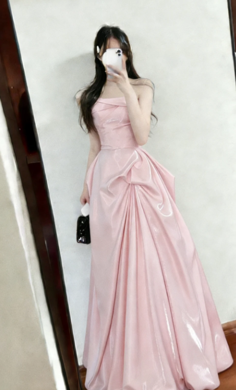 Sweet A Line Pink Strapless Satin Long Prom Dress, Evening Dress