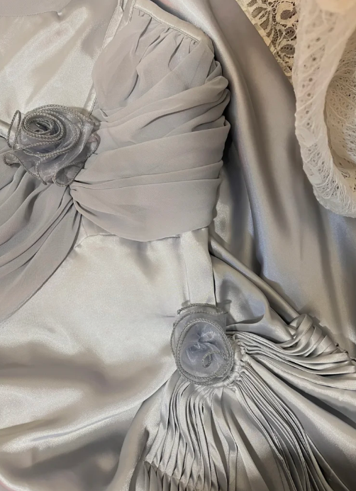 Gray Mermaid Spaghetti Straps Satin Chiffon Long Prom Dress, Evening Dress