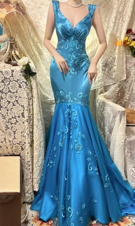Charming Mermaid Off The Shoulder Satin Embroidery Long Prom Dress, Evening Dress