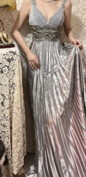 Gray A Line V Neck Satin Sequin Long Prom Dress, Evening Dress