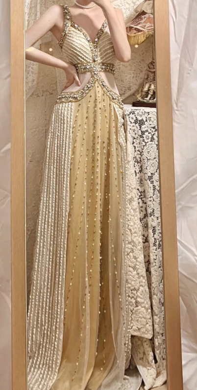 Gorgeous A Line V Neck Tulle Beaded Long Prom Dress, Evening Dress