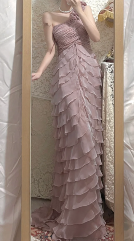 Pretty A Line One Shoulder Tiered Ruffle Chiffon Long Prom Dress, Evening Dress