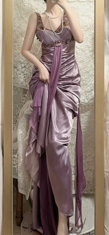 Charming Mermaid Satin Chiffon Beaded Long Prom Dress, Evening Dress