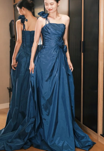 Elegant A Line One Shoulder Pleated Satin Long Prom Dress, Evening Dress