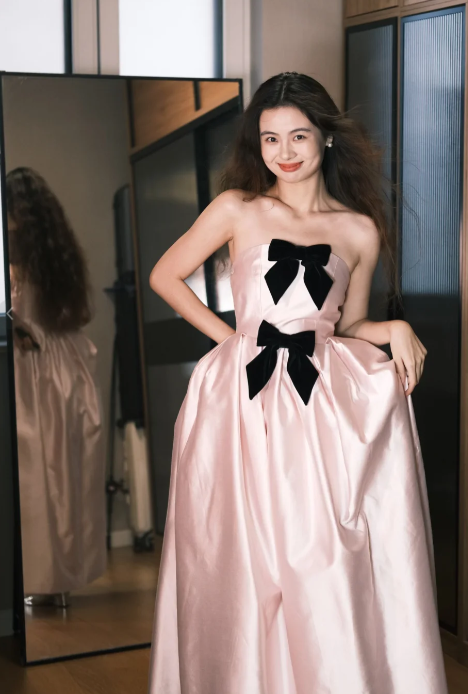Sweet Pink A Line Strapless Satin With Bow Long Prom Dress, Evening Dress
