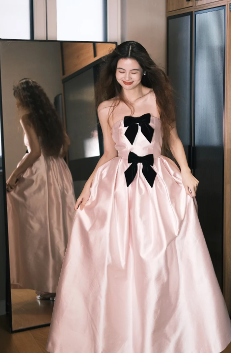 Sweet Pink A Line Strapless Satin With Bow Long Prom Dress, Evening Dress