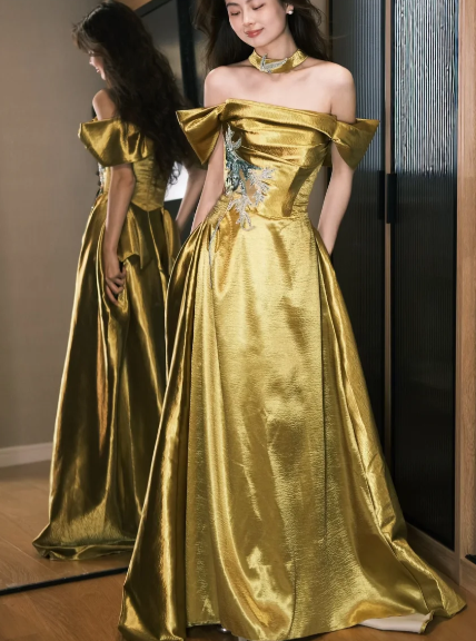 Formal A Line Off The Shoulder Satin Sequin Long Prom Dress, Evening Dress
