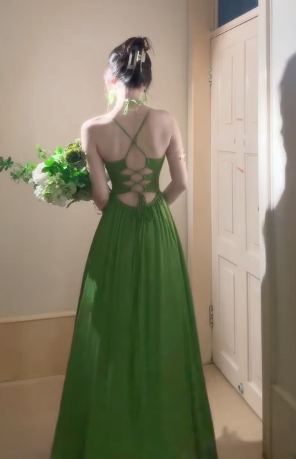 Charming Green A Line Spaghetti Straps Satin Long Prom Dress, Evening Dress