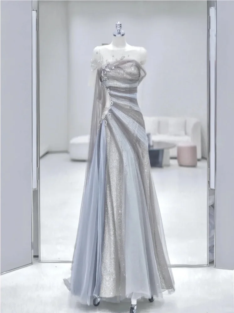 Pretty A Line Strapless Tulle Sequin Long Prom Dress, Evening Dress