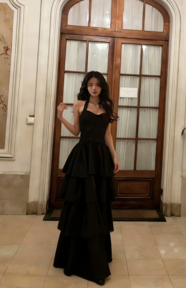 Elegant A Line Halter Black Tiered Satin Long Prom Dress, Evening Dress