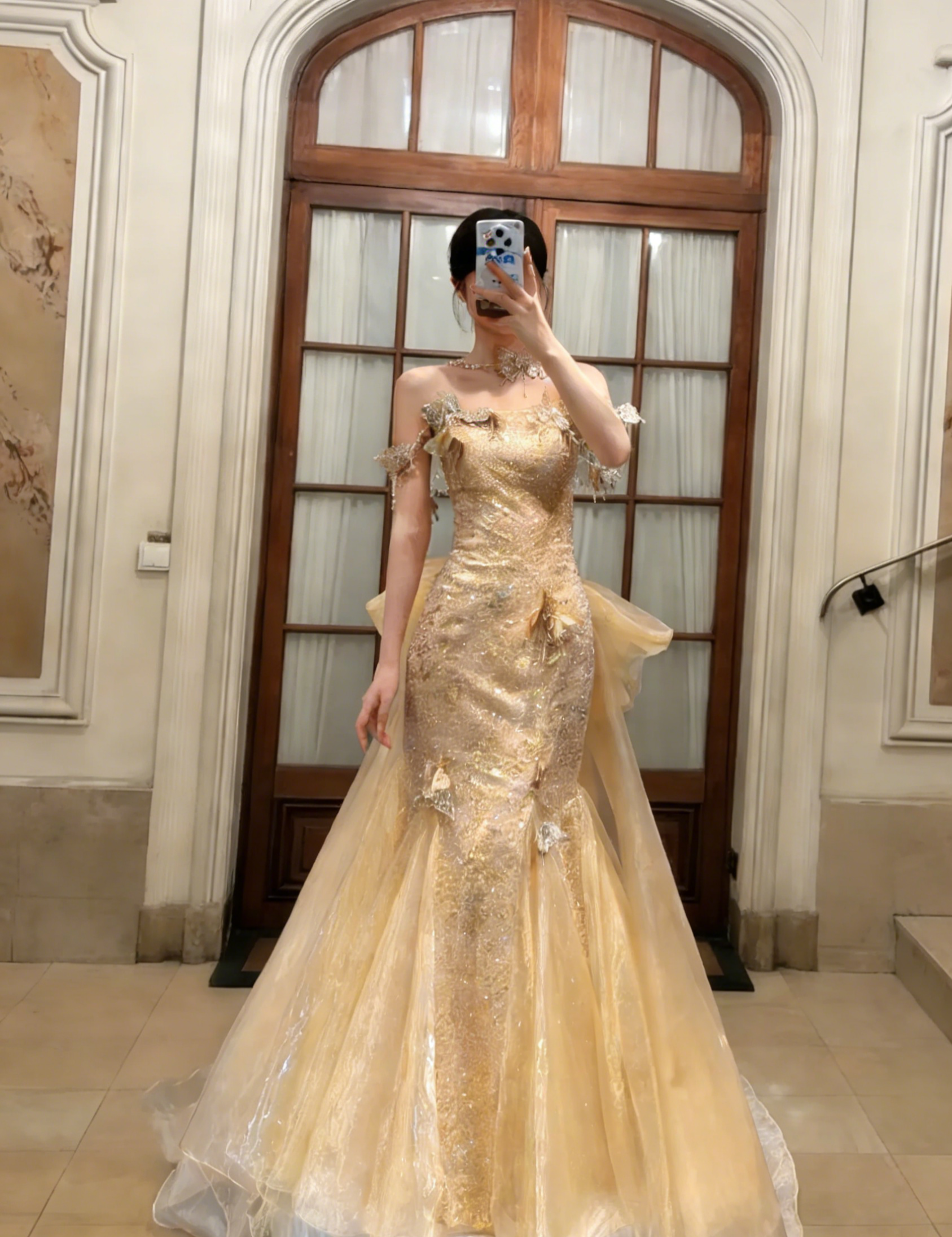 Gorgeous Mermaid Gold Off The Shoulder Tulle Sequin Long Prom Dress, Evening Dress