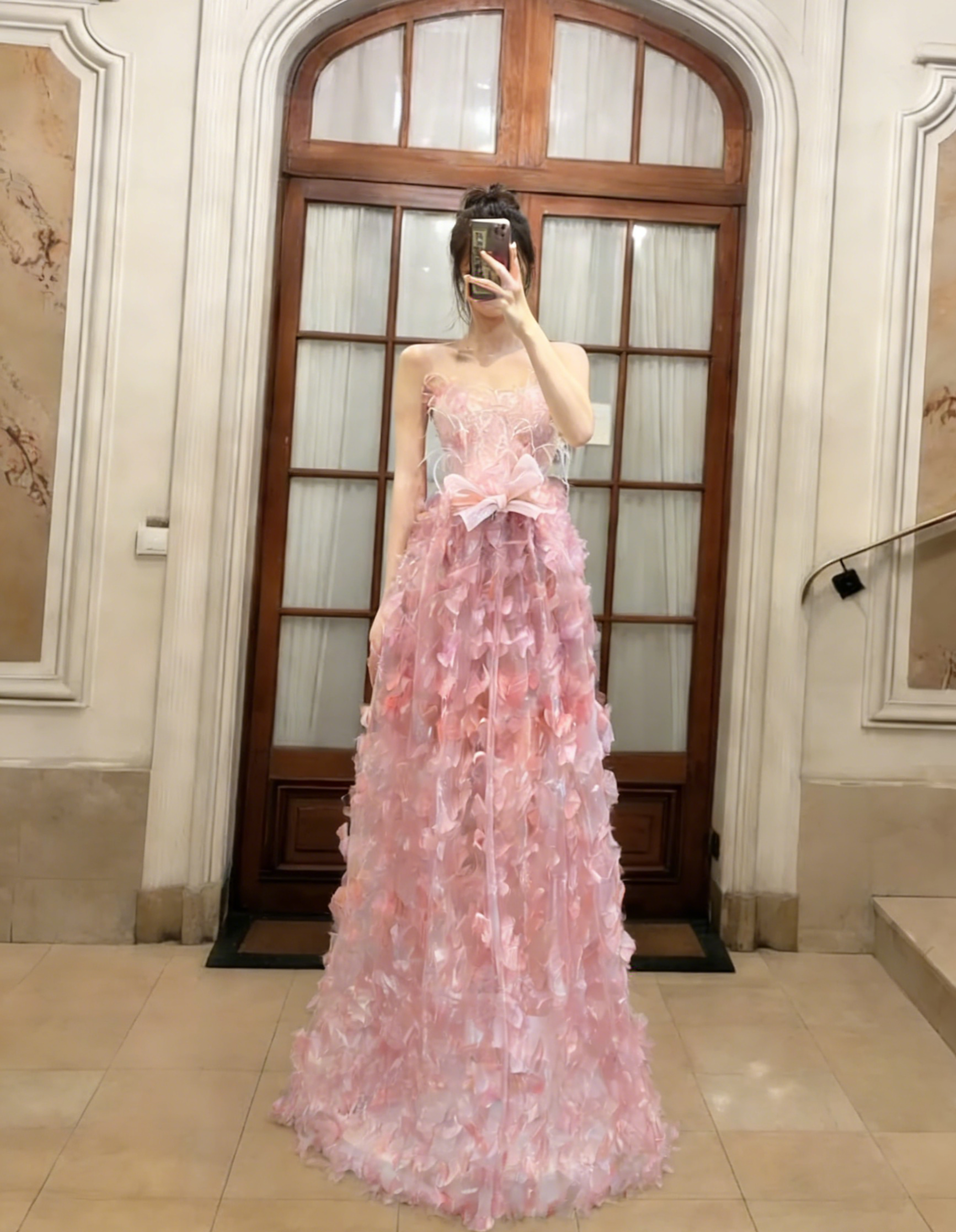 Princess A Line Strapless Pink Tulle Long Prom Dress, Evening Dress