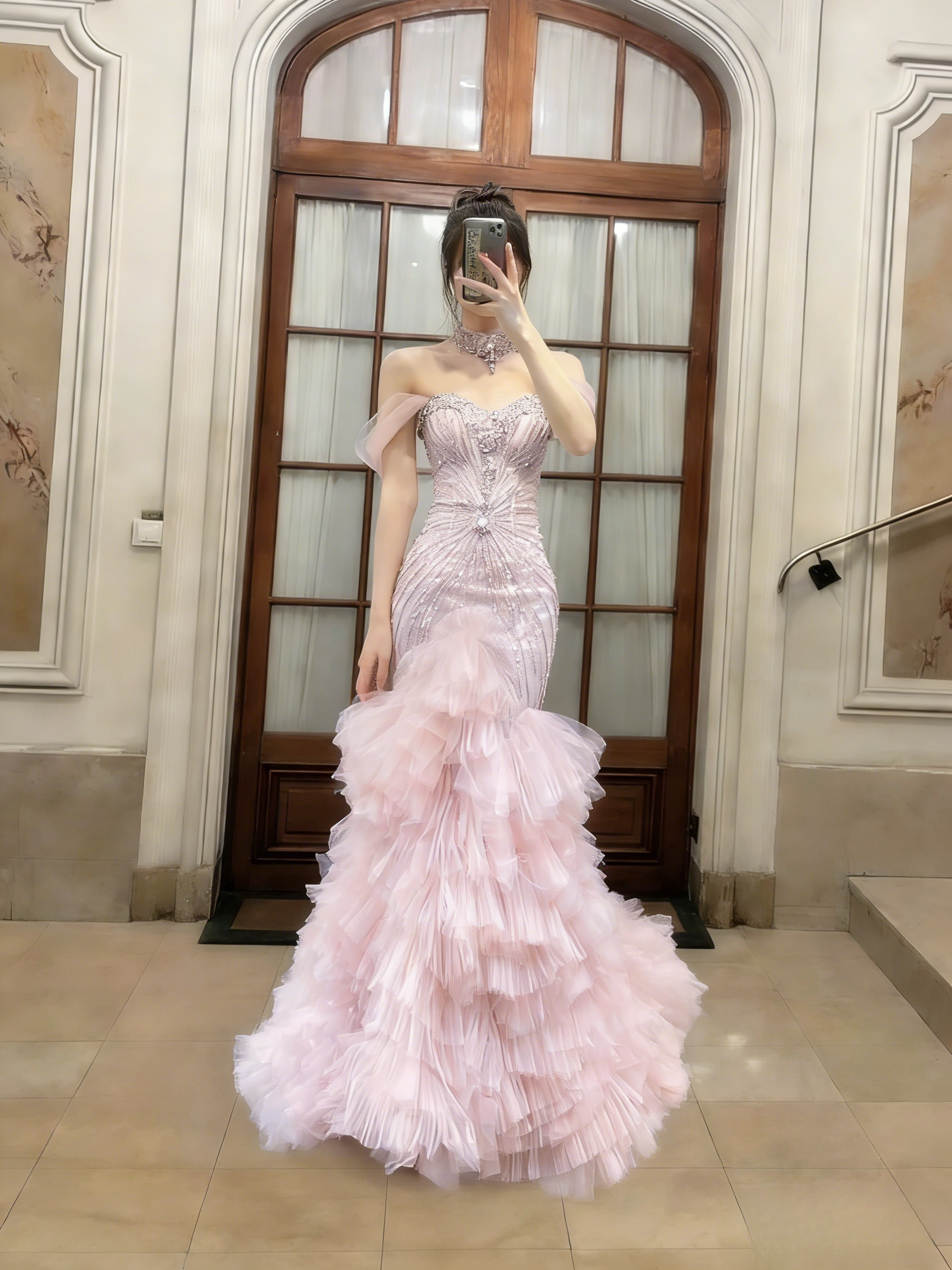 Charming Mermaid Off The Shoulder Pink Tulle Sequin Long Prom Dress, Evening Dress