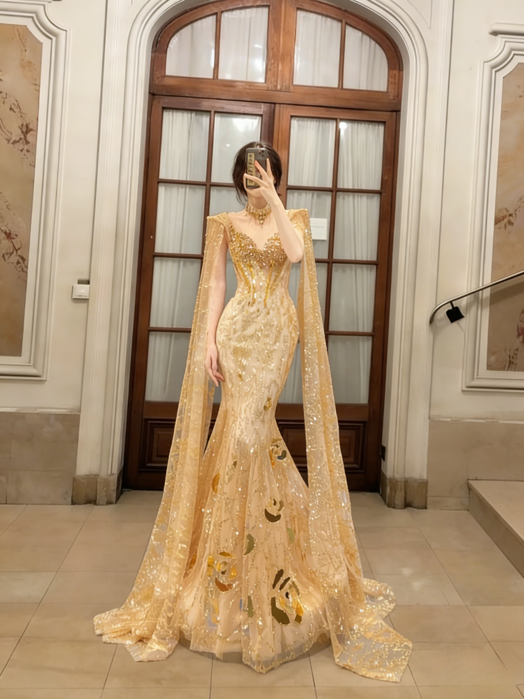 Glamorous Gold Mermaid Tulle Sequin With Cape Long Prom Dress, Evening Dress