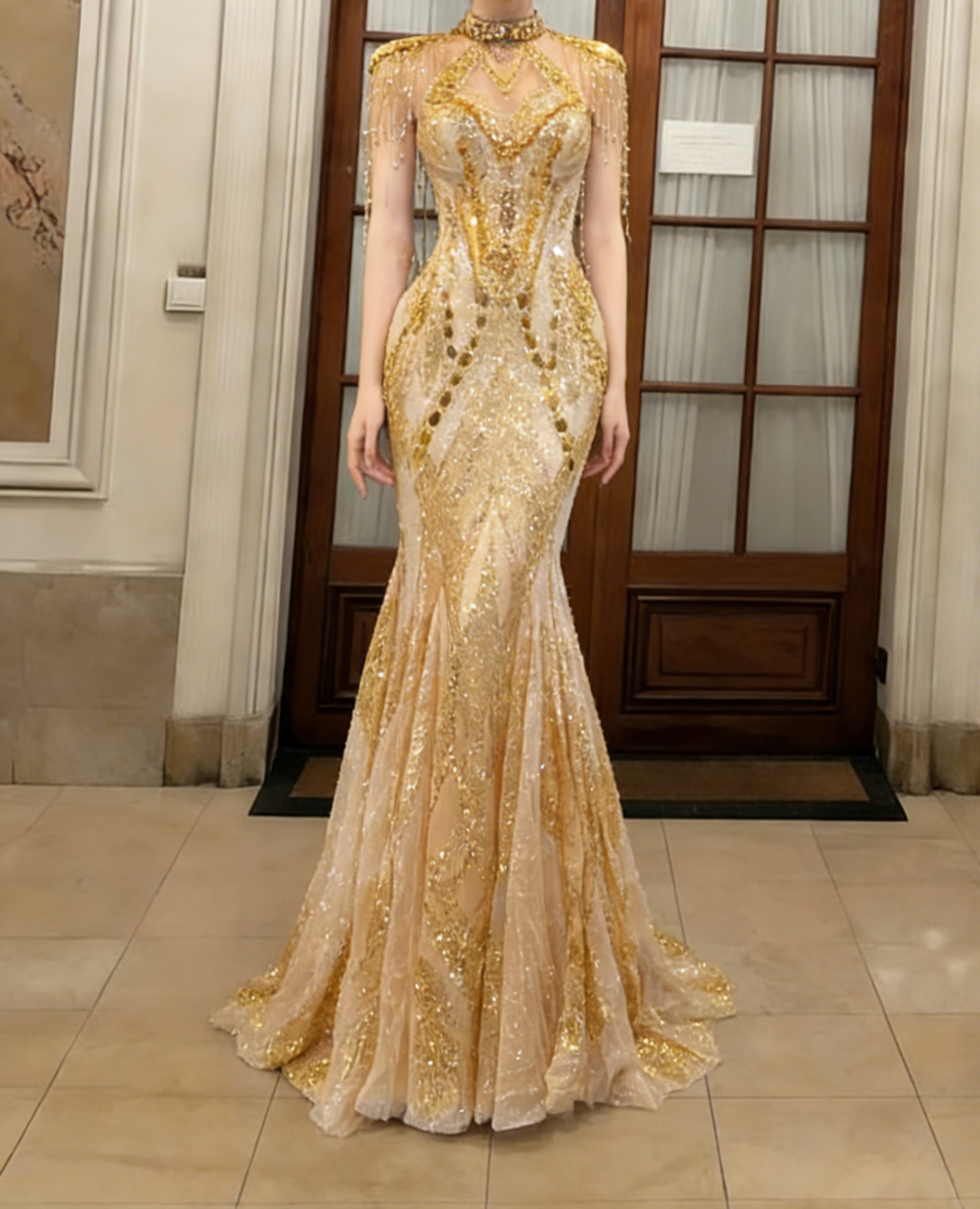 Obsessed Gold Mermaid Halter Tulle Sequin Long Prom Dress, Evening Dress