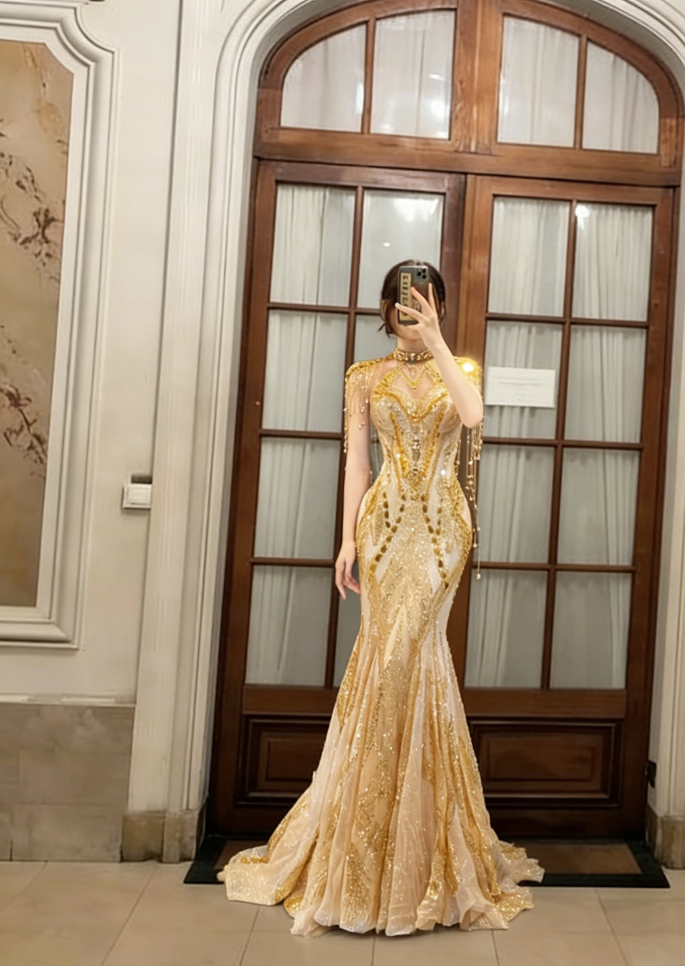 Obsessed Gold Mermaid Halter Tulle Sequin Long Prom Dress, Evening Dress