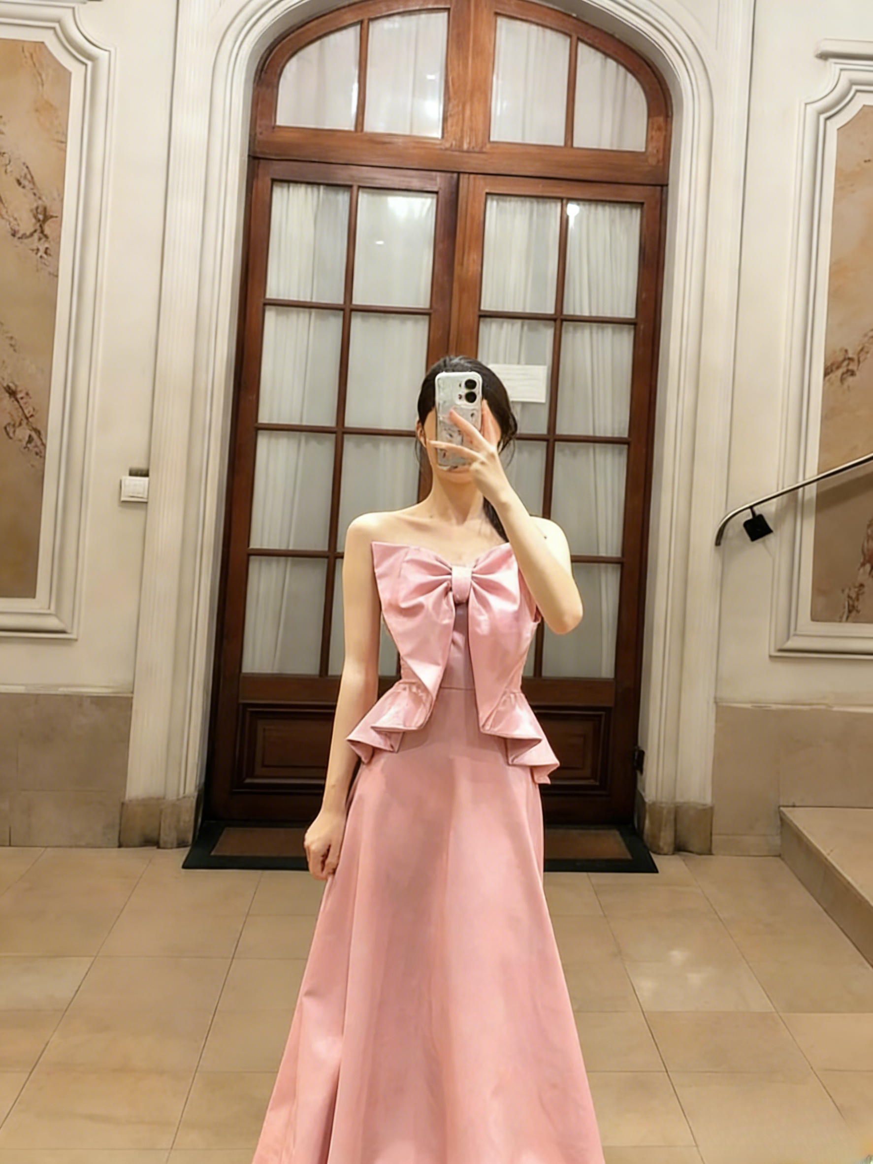 Pretty A Line Strapless Pink Satin Long Prom Dress, Evening Dress