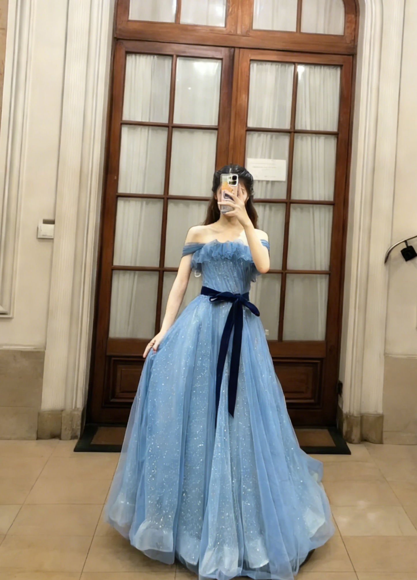 Princess A Line Off The Shoulder Tulle Sequin Long Prom Dress, Evening Dress
