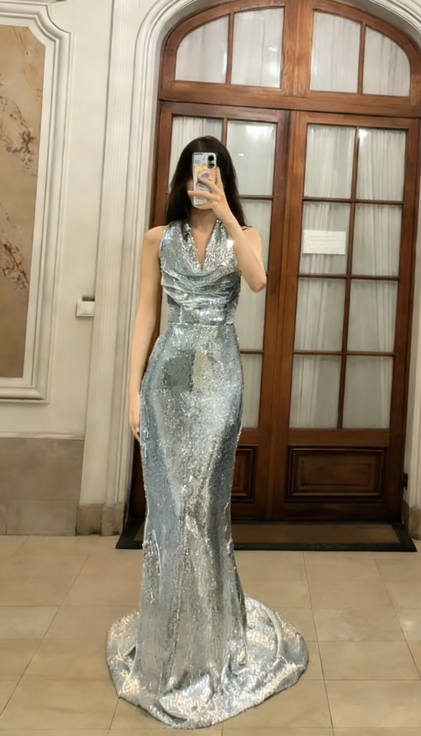 Glitter Mermaid Halter Silver Sequin Long Prom Dress, Evening Dress