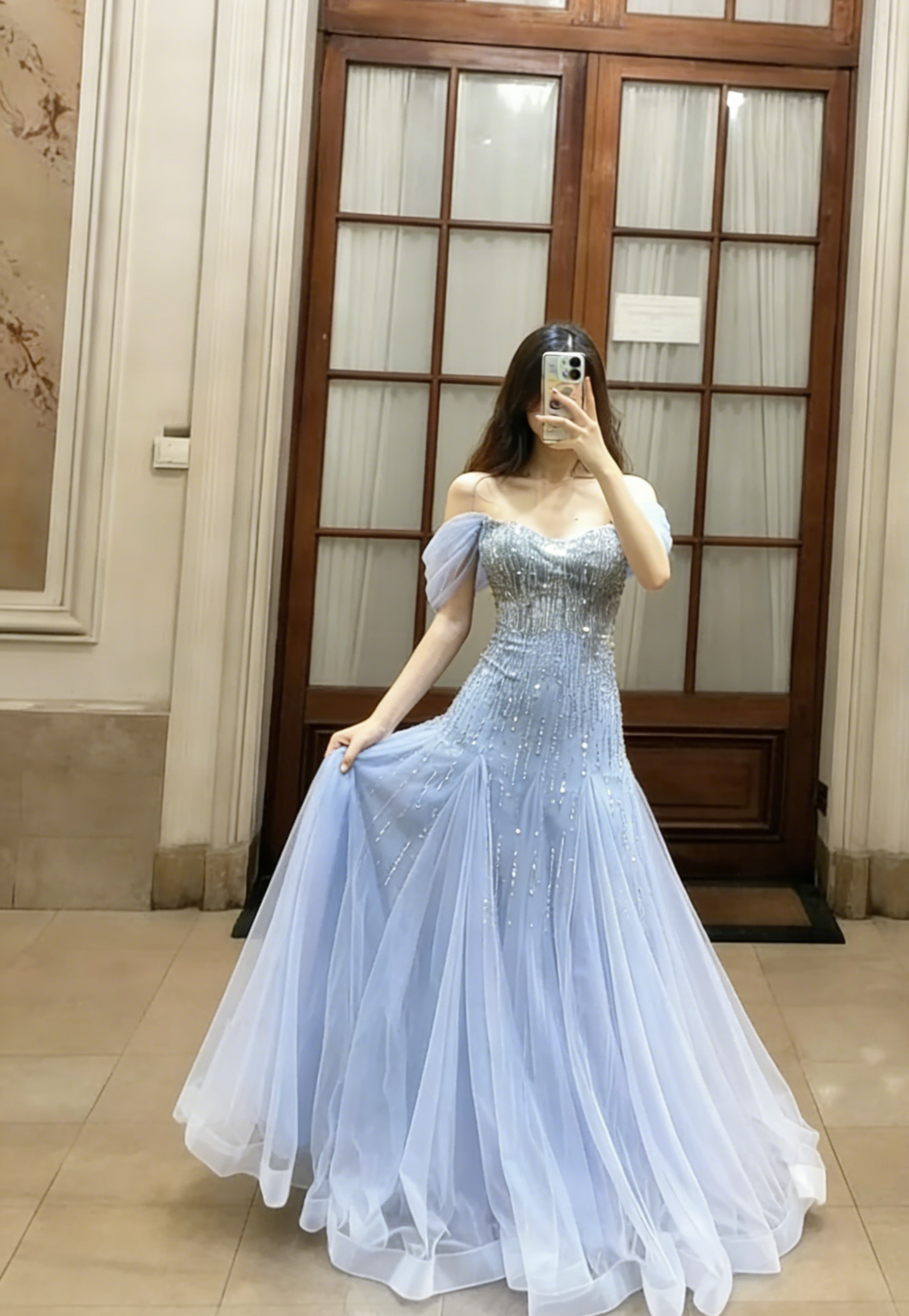 Princess A Line Off The Shoulder Tulle Sequin Long Prom Dress, Evening Dress