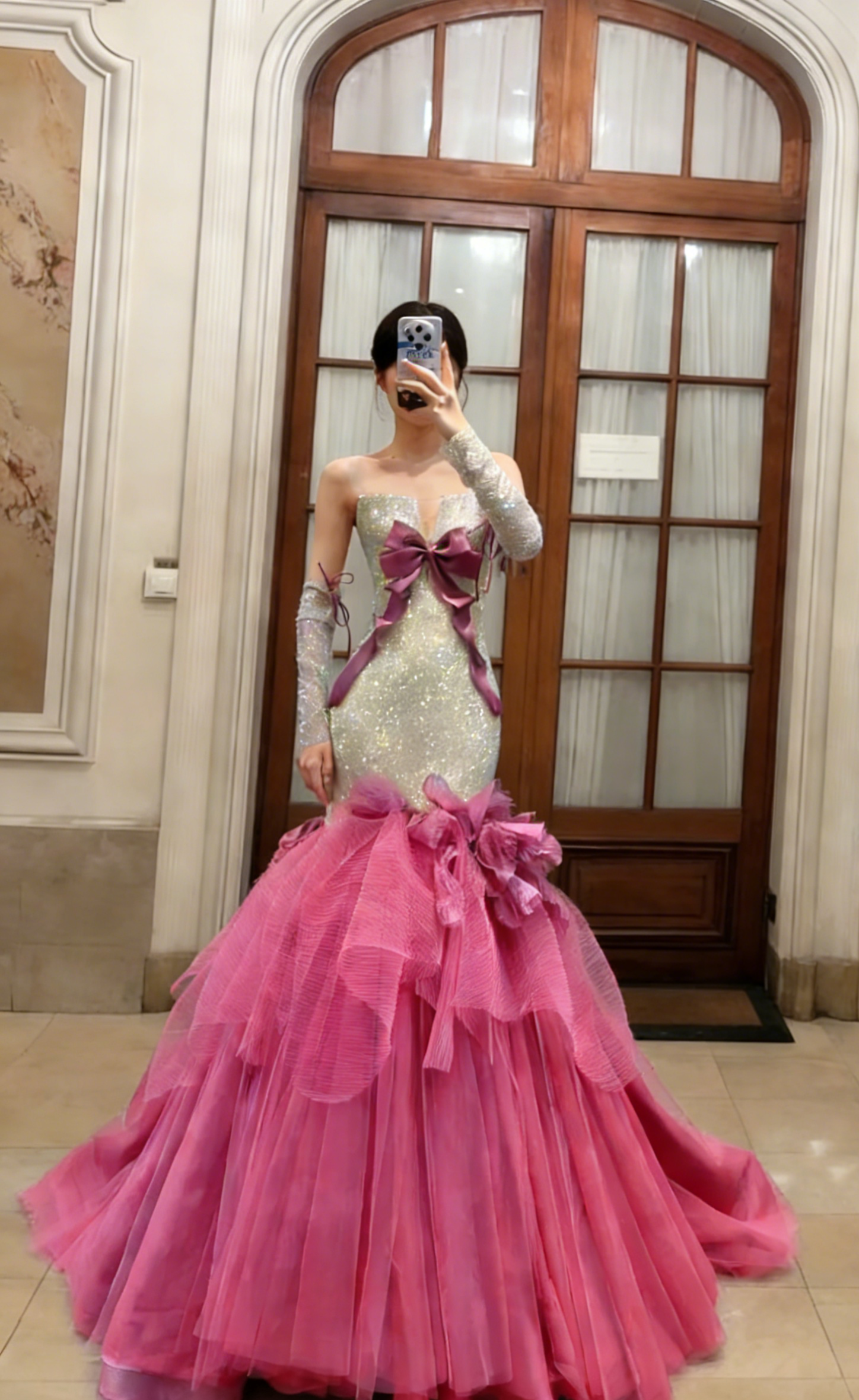Gorgeous Mermaid Strapless Tulle Sequin With Sleeves Long Prom Dress, Evening Dress