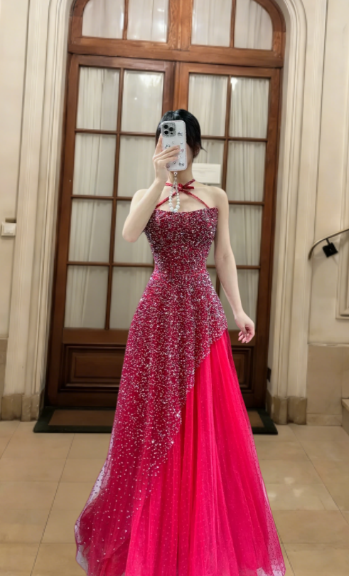 Shiny A Line Halter Tulle Sequin Long Prom Dress, Evening Dress